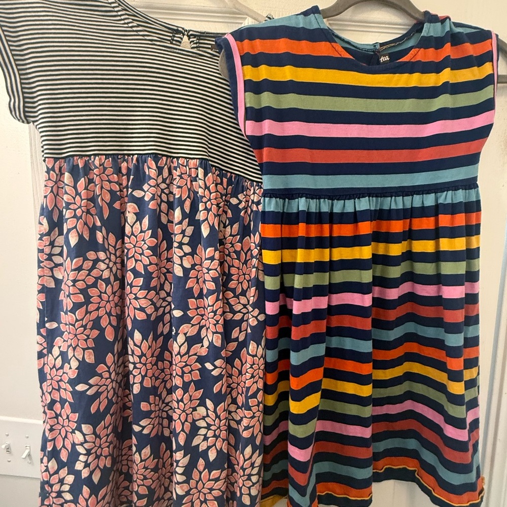 Tea Collection Girls' Navy, Pink & Orange Striped and Floral Cotton Dresses